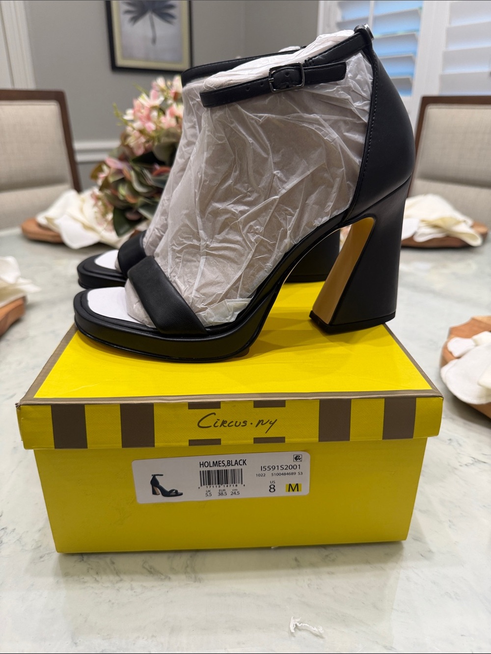 Circus by Sam Edelman Black Leather High Block Heel Sandals